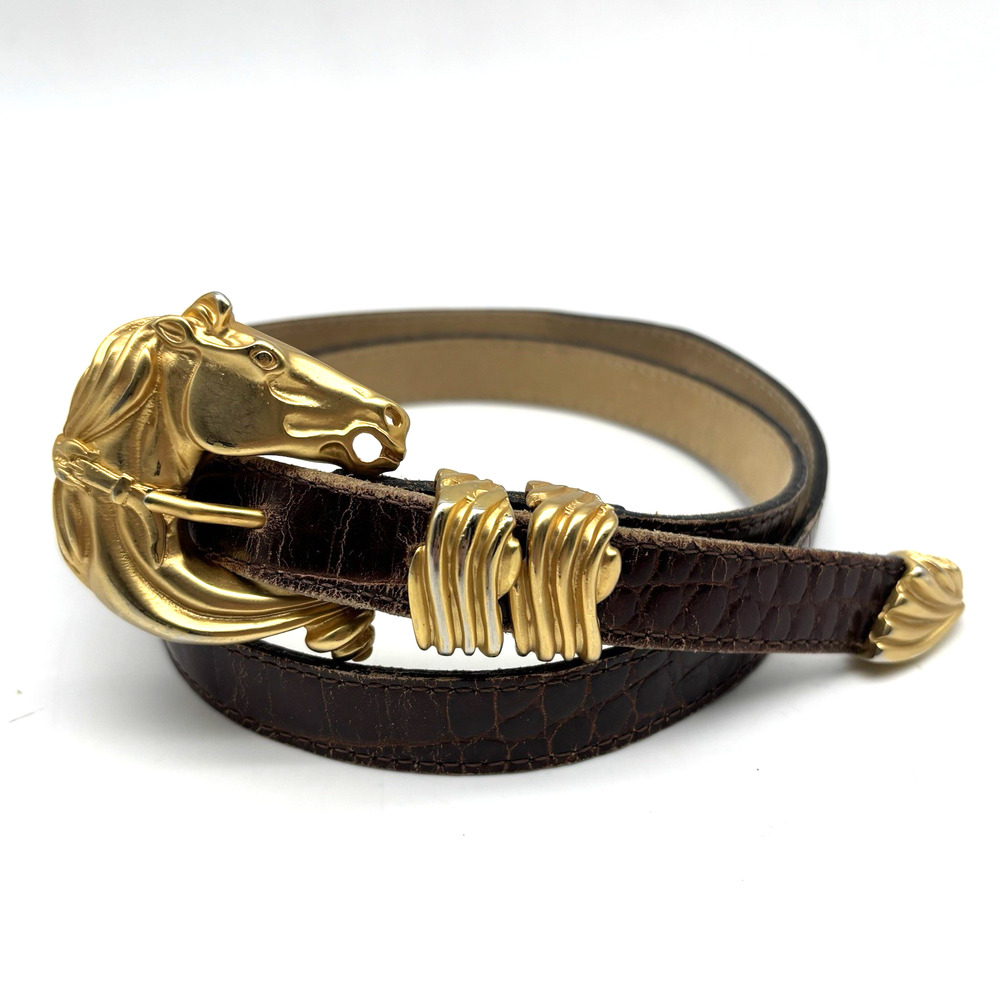 1980s Streets Ahead 32920 Brown Croc Emboss Leather Horsehead Skinny Belt L 34"